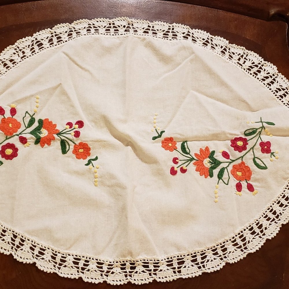 Vintage Red and Orange Floral Doily - Oval.